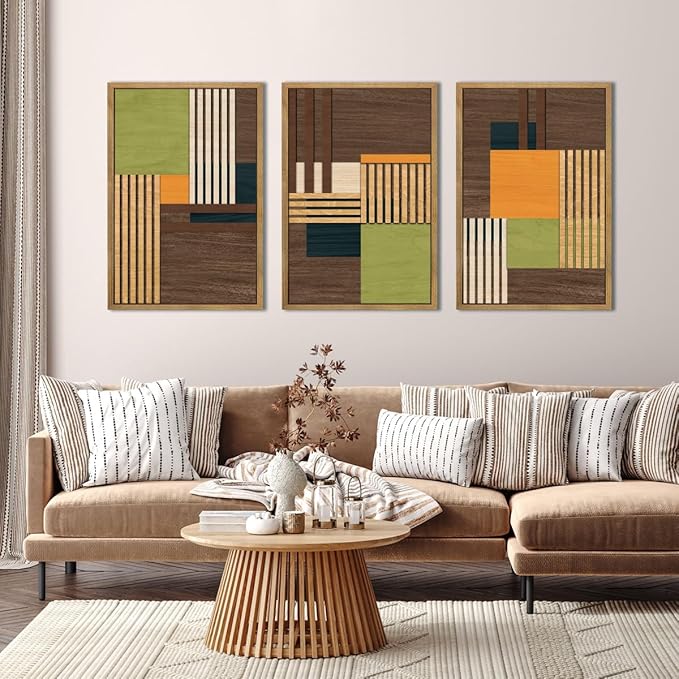 Large Modern Abstract Wall Art Set Minimalist Line Wood Wall Decor Neutral Brown Art Decor Colorful Geometric Wooden Wall Sculptures for Living Room Bedroom Office-16x24Inchx3-Ruum Studio Home