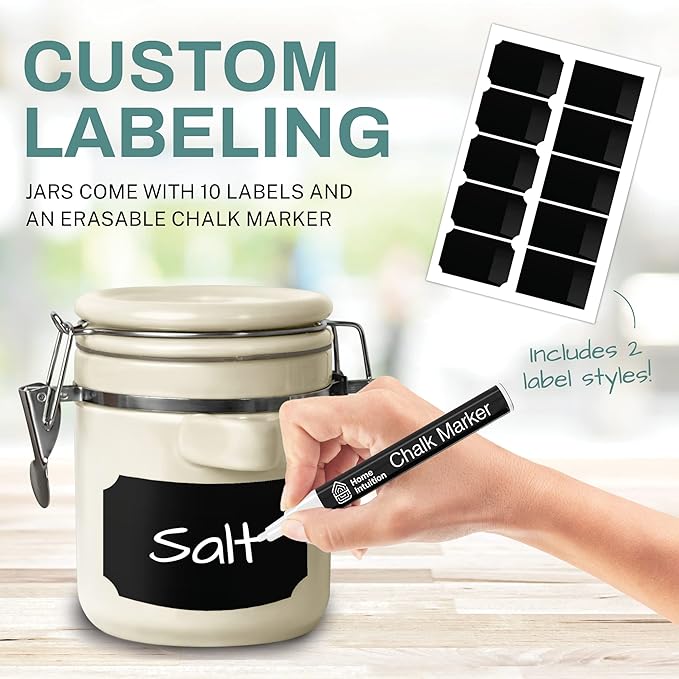 Home Intuition 4-Piece Ceramic Kitchen Canisters Set, Airtight Containers with Wooden Spoons Reusable Chalk Labels and Marker for Sugar, Coffee, Flour, Tea (Off White)-Ruum Studio Home