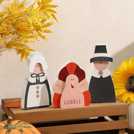 Amorita Fall Thanksgiving Decorations Wooden Turkey Pilgrim Couple Table Sign 3 Pcs Fall Thanksgiving Decor Standing Tabletop Sign Decor for Autumn Harvest - W-Ruum Studio Home