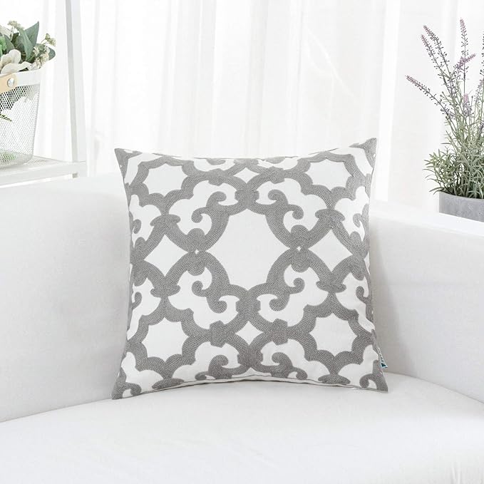 HWY 50 Grey Gray Decorative Throw Pillow Covers 18x18 Inch, Pack of 2 Embroidered Cotton Farmhouse Cushion Cover Pillow Case for Sofa Couch Living Room Bed Bedroon, Geometric Design-Ruum Studio Home