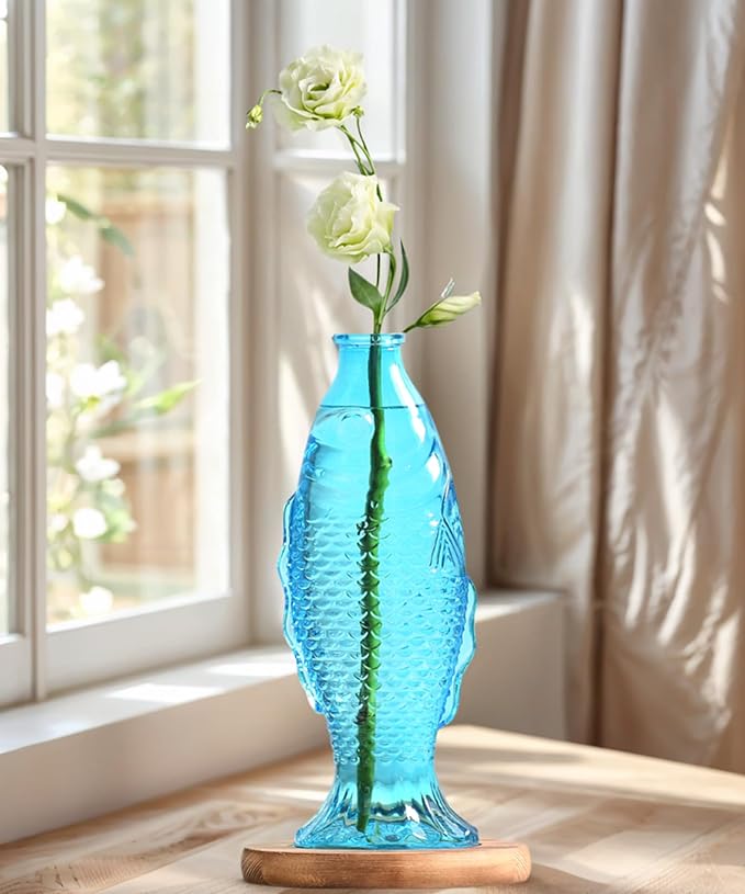 Nacome Fish Vase Glass Plant Terrarium with Wooden Stand,Planter Propagation Station for Home Office Hydroponics Desk Decoration,Unique Gardening Gifts for Plant Lovers Women Mom(Blue)-Ruum Studio Home