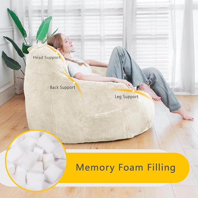 Giant Bean Bag Chair, Oversized Bean Bag Chairs for Adults and Kids, Gaming Chair Stuffed Memory Foam | Storage | Non-Slip, Removable Bean Bag Sofa Comfy Chair for Bedroom, Livingroom (Beige)-Ruum Studio Home