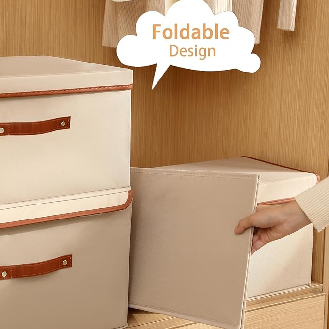 Tuza 2-Pack Large Fabric Storage Bins with Lids, Foldable Storage Boxes with Lids for Organizing, Decorative Storage Boxes with Handles for Home, Bedroom, Closet, Office(Khaki, Large)-Ruum Studio Home