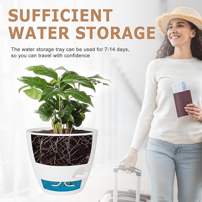 Plant Pots 10/9/8/7.5/7 Inch Self Watering Pots, Set of 5 Plastic Planters with Drainage Holes and Saucers,Plastic Flower Pots,Nursery Planting Pot for Indoor Out Door Plants(Pure White)-Ruum Studio Home