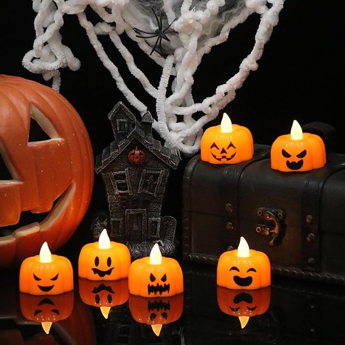 Wondise Halloween Flameless Candles, Pumpkin Battery Operated Candles with Timer, LED Flickering Votive Tealight Spooky Candles for Halloween Decorations Indoor (6 Pack, 1.9" x 1.6")-Ruum Studio Home