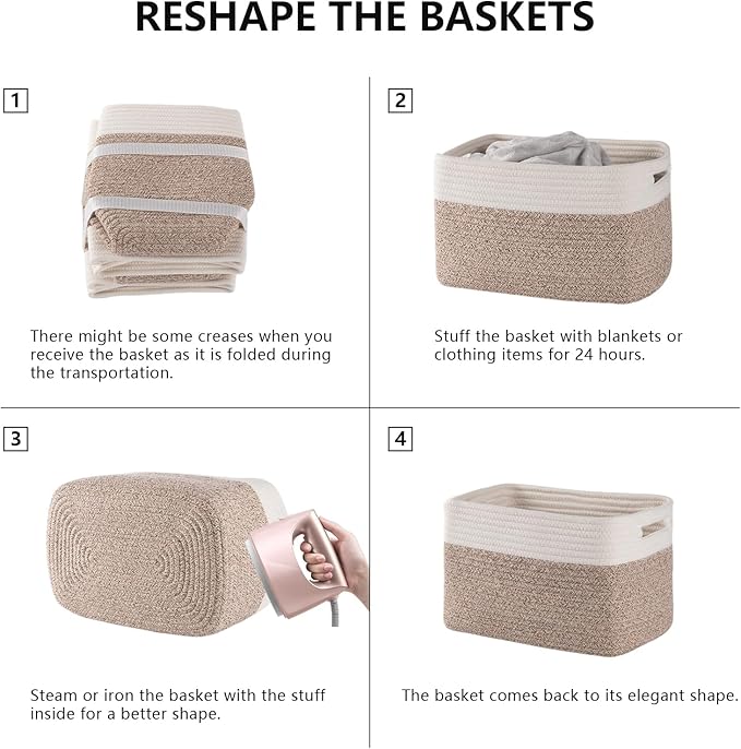 4 Pack Storage Baskets for Organizing, Woven Baskets for Shelves - Perfect for Toys, Books, Towels, and Clothes, Durable Gift Basket Bins Toy Storage, 12.7''Lx9''Wx7.8''H, Brown & White-Ruum Studio Home