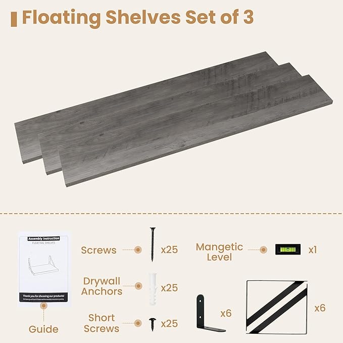 Heimlove 48 Inch Large Floating Bookshelves Set of 3,Wall Mounted Bookshelves,Heavy Duty Bracket Shelves for Living Room,Bedroom,Kitchen,Laundry Room Storage & Decor,Rustic Silver Grey-Ruum Studio Home