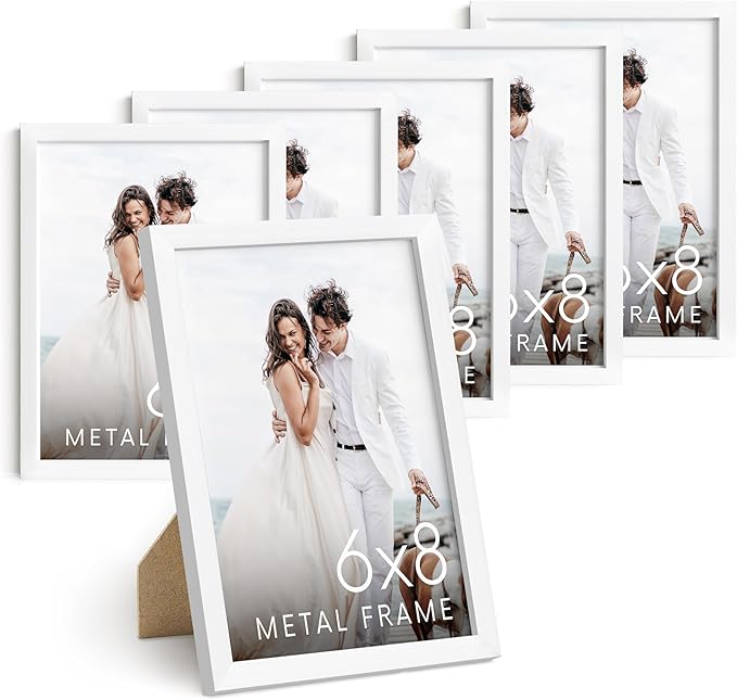 HAUS AND HUES 6x8 White Metal Picture Frames - Photo Frames 6x8 - Features Premium Aluminum, Vertical Hanging, Easel Back for Tabletop, Home, Office (6x8 in, White, Set of 6)-Ruum Studio Home