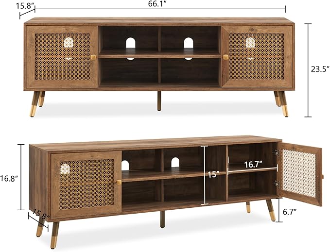 JYED Mid Century Modern TV Stand and Console for TVs Up to 75 inch - Rustic Oak Entertainment Center, 2 Gold Metal Mesh Doors & MDF Wood Grain, 15.8" D x 66" W x 23.5" H-Ruum Studio Home