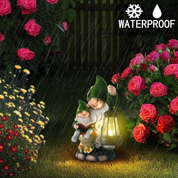 Solar Garden Gnome Statue Flocked Reading Parent & Child Gnomes with LED Light, Outdoor Waterproof Lawn Ornament Decor for Patio Lawn Yard Pathway Gift Idea for Women Mom Mothers Day-Ruum Studio Home