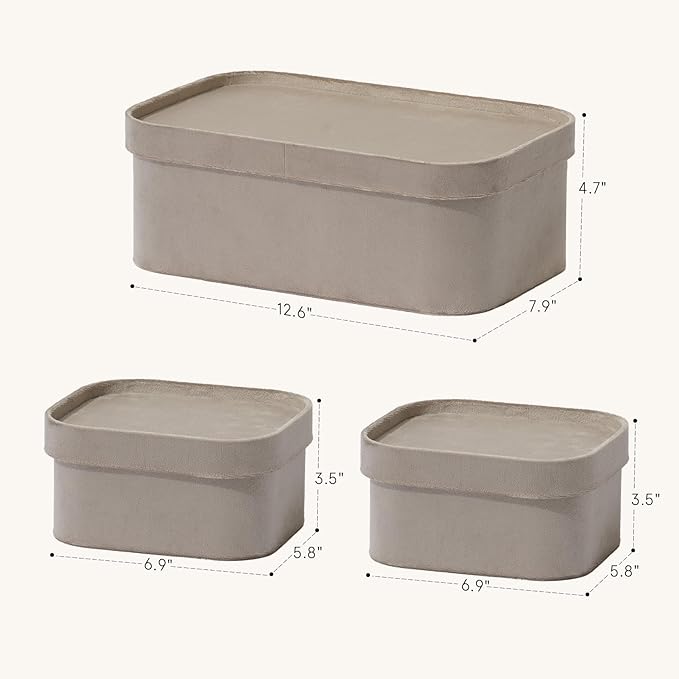 La Jolie Maison Velvet Storage Baskets with Lids, Sturdy Stackable Cardboard Boxes with Decorative Trays, Organizer Bins for Bathroom Bedroom Organizing, Taupe, Set of 3-Ruum Studio Home
