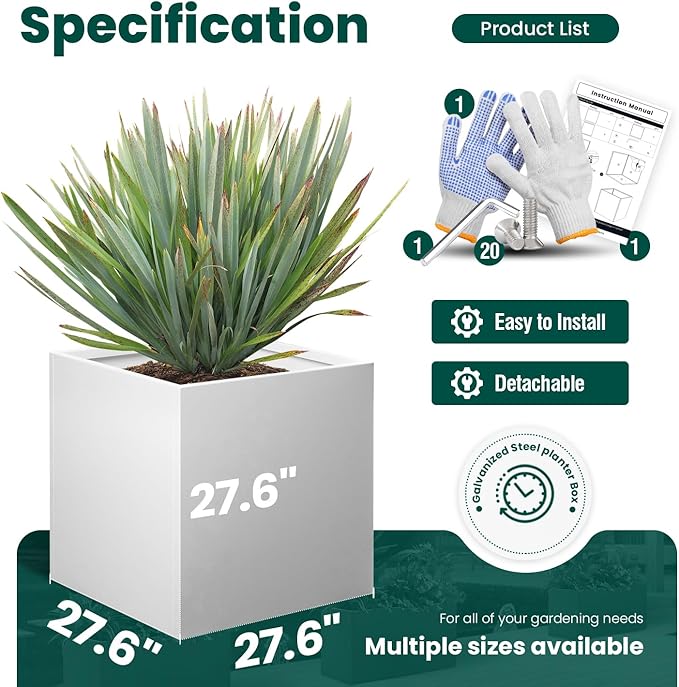Galvanized Steel Black Planter Box Square 27.6 in Metal Large Planter Box Outdoor Indoor Huge Cube Heavy Duty Flower Pot Modern Commercial Residential for Patio, Deck, Yard, Garden-Ruum Studio Home