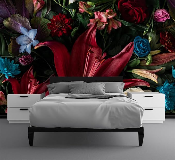 Large Dark Floral Wallpaper Colorful Spring Flowers Background Wall Mural (Not Peel and Stick)-Ruum Studio Home