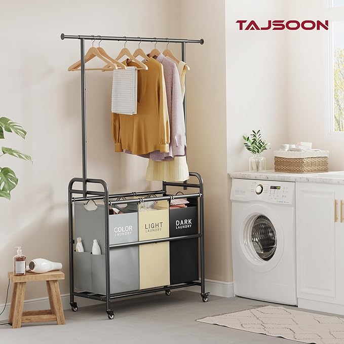 Tajsoon Laundry Sorter Cart with Hanging Clothes Rack, 3 Butler Sorter Basket Organizer, Laundry Hamper Cart with Heavy Duty Rolling Lockable Wheels, 3 Colors-Ruum Studio Home