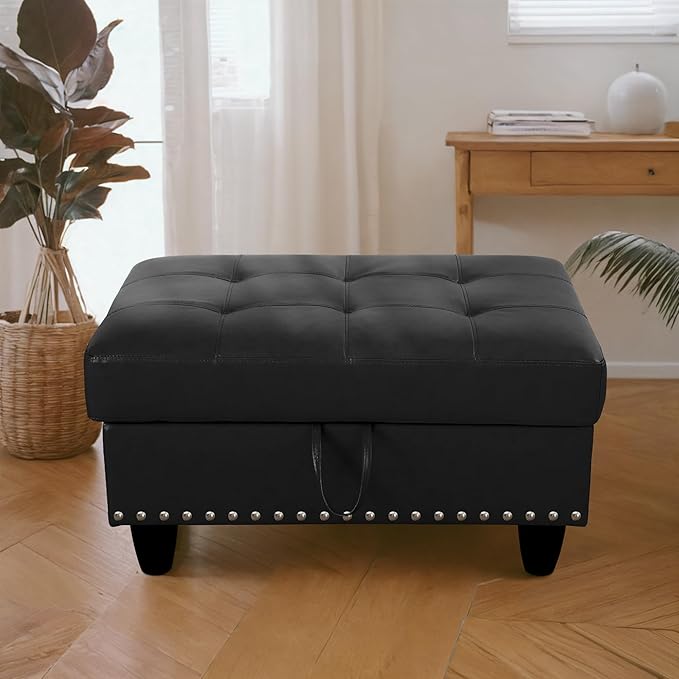 Ottoman Rectangular Storage Ottoman Bench, Faux Leather Footrest, Coffee Table, Stool Footstool with Hinged Lid for Living Room, Bedroom, Entryway, Black, 28.5"x19"x17.5"-Ruum Studio Home