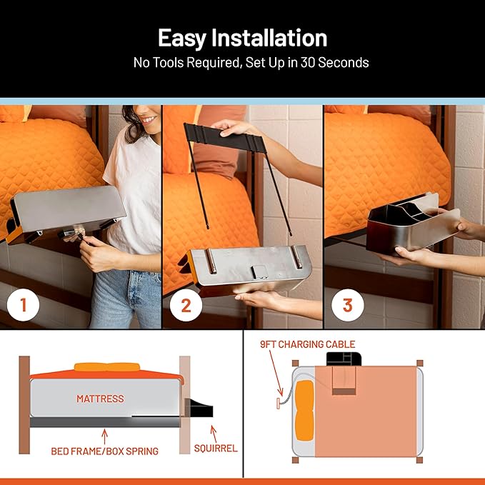 Squirrel Gray Bedside Perch – Perfect dorm gift & small space essential! USB-C & A charging, cup holder fits Hydro Flask, YETI, S'well. Organizes phone, iPad & more on lofted beds, couch, etc.-Ruum Studio Home