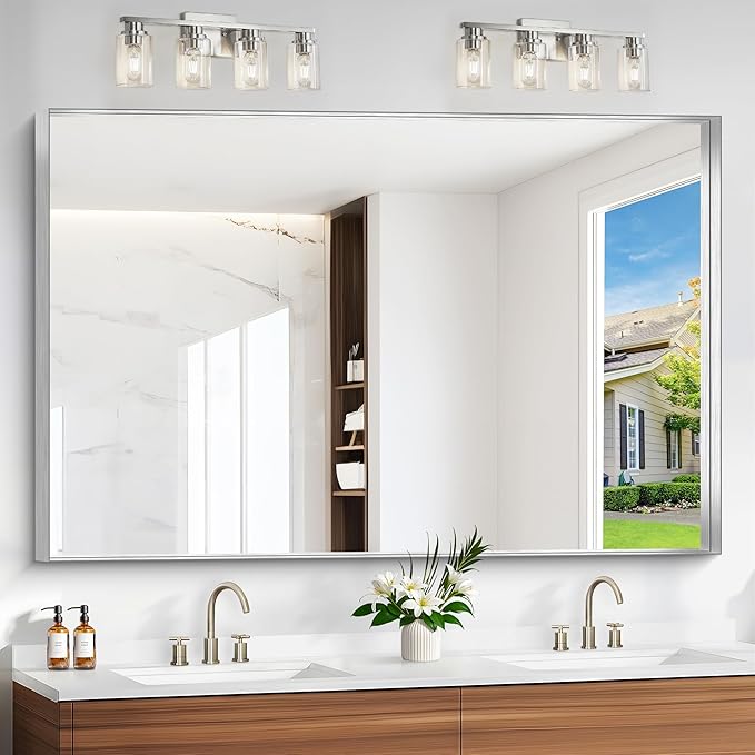 Silver Bathroom Mirror, 60x40 Inch Rectangular Framed Mirror, Large Wall Mounted Bathroom Vanity Mirror Over Sink for Bedroom,Restroom, Living Room, Hangs Vertically or Horizontally-Ruum Studio Home