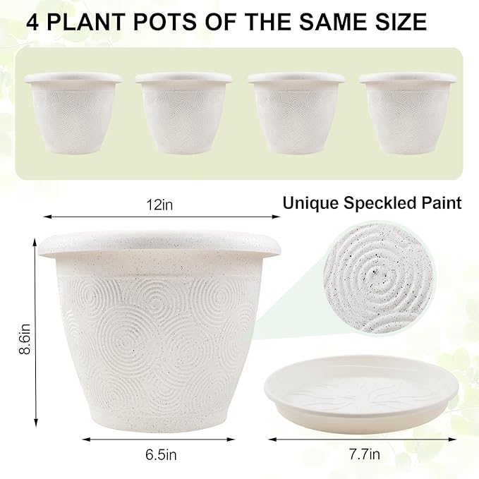 Plastic Flower Pots Planters for Indoor Plants, 4 Pack 12 Inch White Plant Pots with Drainage Hole & Tray, Modern Decorative Large Plant Pot with Saucer for Indoor Outdoor Plants Garden House Planter-Ruum Studio Home