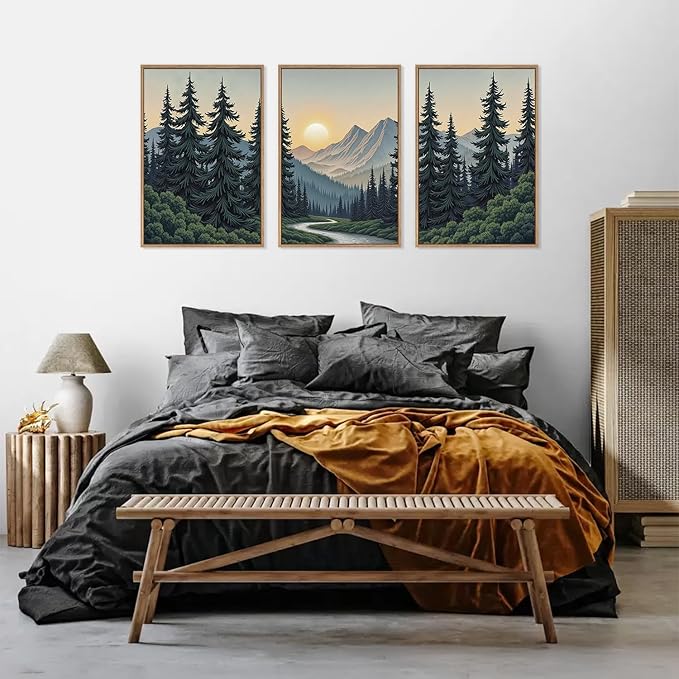 HLNIUC Mountain Forest Sun Framed Wall Art,Large Boho Pine Tree Canvas Wall Decor Set of 3(16”x24”)Ridge Mountain Landscape Picture Prints,Natural Sunset Woodland Wall Painting for Living Room,Bedroom-Ruum Studio Home