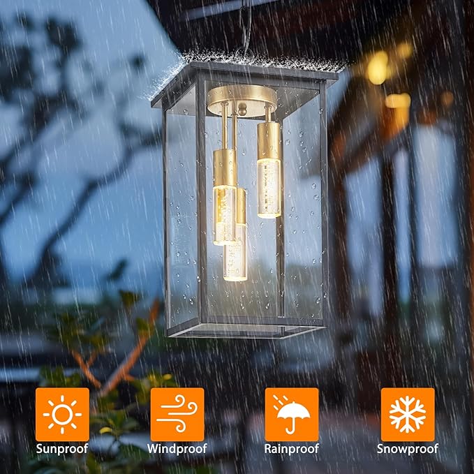 3-Color LED Outdoor Pendant Light with Remote, 3-Light 19" Large Outdoor Chandelier for Porch, Black Gold Exterior Pendant Lighting Fixtures Ceiling Mount Pendant Lantern for Patio Front Door-Ruum Studio Home