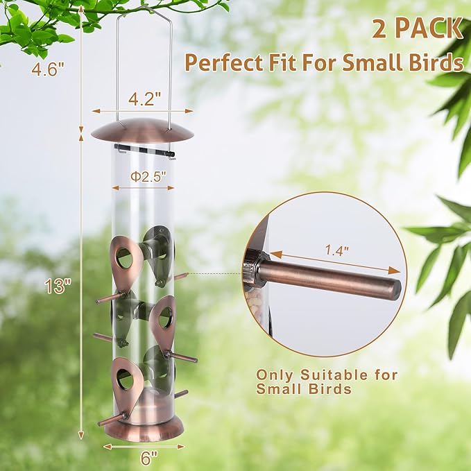 FEED GARDEN Metal Bird Feeders for Outdoors Hanging, 6-Port Tube BirdFeeders for Outside, Finch Feeders for Outside, Brushed Copper Finishing, Bird Feeder with Heavy Duty Metal Lid, Chew-Proof 1 Pack-Ruum Studio Home