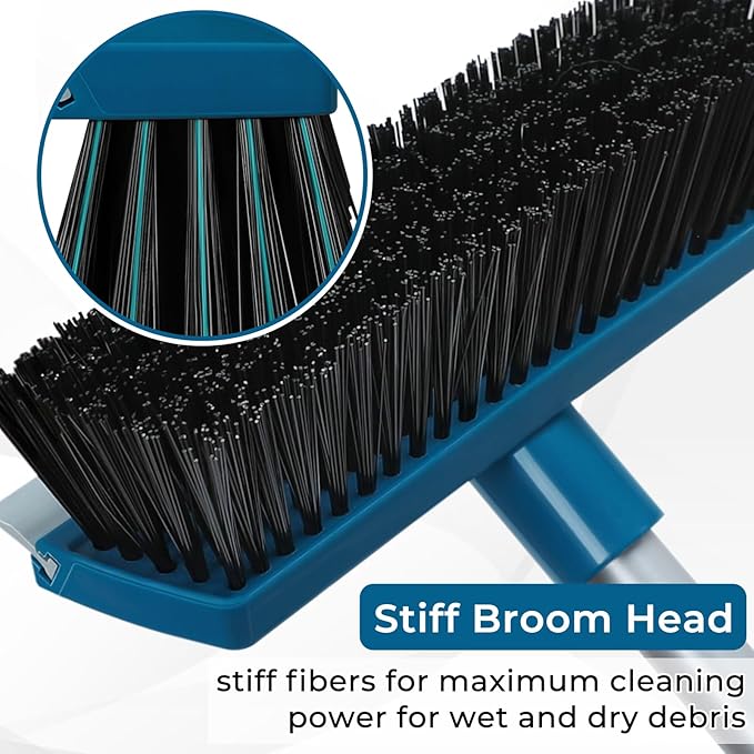 Stiff Bristle Deck Brushes for Scrubbing Heavy Duty with Rubber Scrape Squeegee, 55” Long Handle Scrub Brush for Bathroom Shower Carpet Outdoor Floor Cleaning (Head Size: 10.8”)-Ruum Studio Home