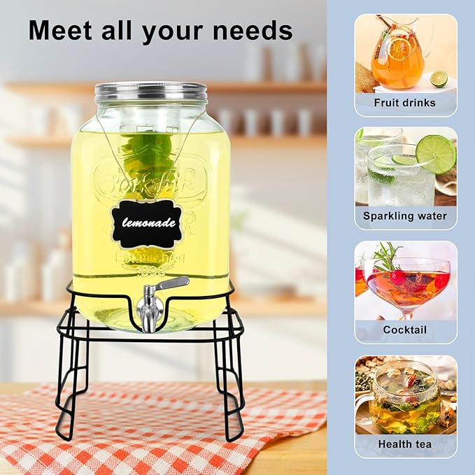 2 Gallon Glass Drink Dispensers For Parties,Beverage Dispensers With Stand And 100% Leakproof Stainless Steel Spigot.Glass Water Jug Dispenser,Lemonade Dispenser,Mason Jar.-Ruum Studio Home