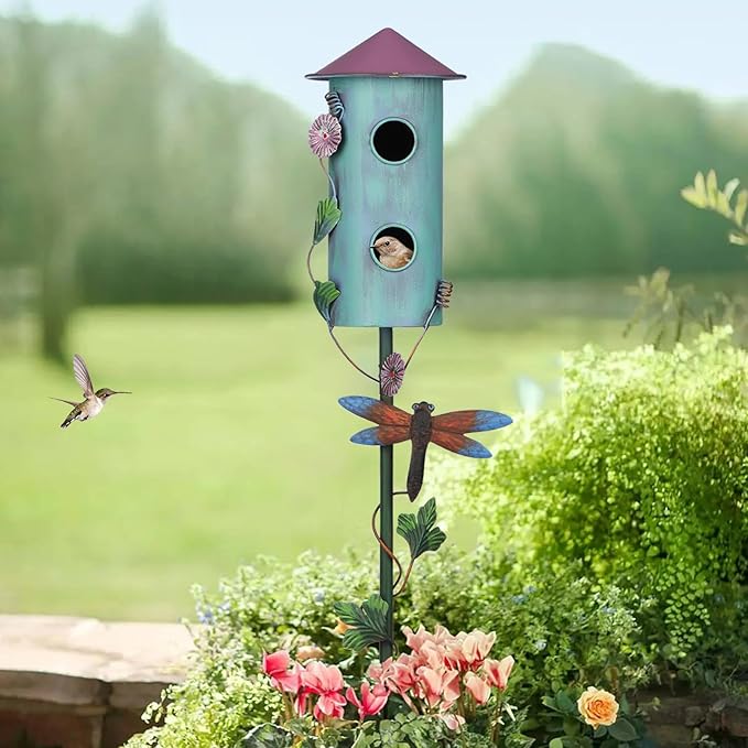 BAYN 57” Bird Houses Stake for Outside, Metal Wild Bird Feeder Double-Hole Birdhouse Stake with Cylinders Design Outdoor Decorations for Patio, Backyard, Garden-Ruum Studio Home