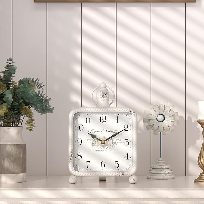 Vintage White Table Clock on Stand, Desk and Shelf Decor Clock, French Rustic Style Non-Ticking Mantel Clocks for Farmhouse, Living Room, Bedroom, Bedside, Gift (8.5" H x 5.5" W)-Ruum Studio Home