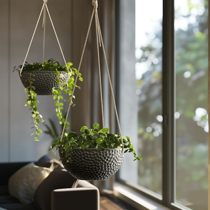LA JOLIE MUSE Hanging Planters for Indoor Plants, Medium Hanging Planters with Drain Holes, Outdoor Hanging Flower Pots, Matte Black, Honeycomb (10 Inch, Set of 2)-Ruum Studio Home