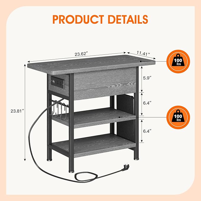 End Table with Charging Station, Flip Top Nightstand with USB Ports and Outlets,Couch Side Table with Fabric Bag and Hooks, Bedside Table for Space Saving, Living Room, Bedroom (Grey)-Ruum Studio Home
