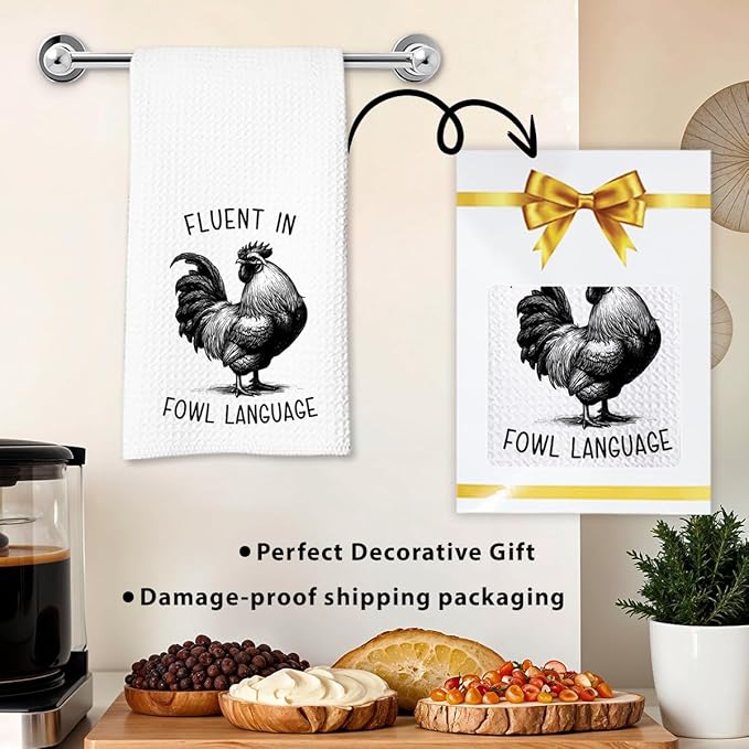 Chicken Dish Towel, Waffle Weave Microfiber Kitchen Cloth, Rustic Rooster Decor Accent, Farmhouse Style Gift for Chicken Lovers, Funny Country Hand Towel for Kitchen Bathroom - A05-Ruum Studio Home