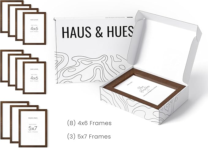 HAUS AND HUES Walnut Oak Wood Gallery Wall Tabletop Frames Made with Real American Oak and Shatter-free Plexiglass - Set of 11 (Eight 4x6, Three 5x7, Framed Walnut)-Ruum Studio Home