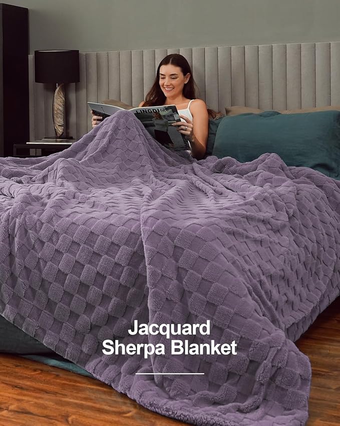 Pawque Super Soft Cozy Throw Blanket for Couch Sofa Bed - Fluffy Sherpa Fleece Reversible Thick Warm Fuzzy Blanket for All-Season, 3D Checkered Jacquard Elegant Decorative Blankets, Purple, 50" x 60"-Ruum Studio Home