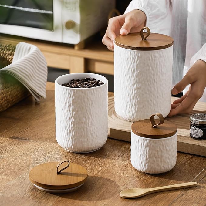 Black White Ceramic Coffee Canister Tea Canister with Seal Wood Lid, Airtight Coffee Storage Container for Coffee Bean, Ground Coffee, Sugar, Cookie Candy jar (White, 800ml)-Ruum Studio Home