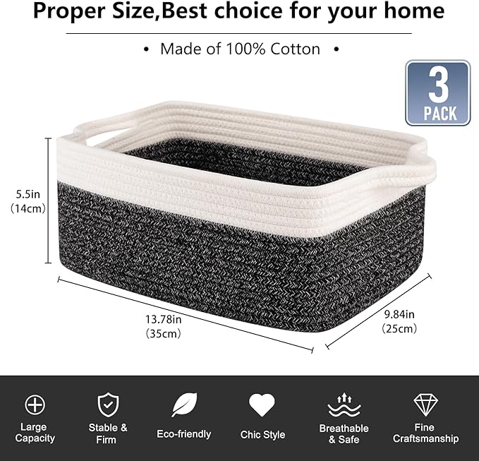 OIAHOMY 3 Pack Storage Baskets for Organizing, Woven Cotton Rope Basket for Shelves, Closet Organizer Bins with Handles, Rectangle Toy Organization, 13.78''×9.84''×5.5'', Black & White-Ruum Studio Home