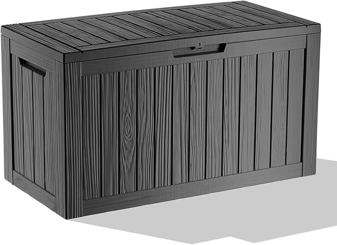 87 Gallon Deck Box Large Outdoor Storage for Patio Furniture,Outdoor Cushions,Garden Tools and Pool Supplies,Waterproof,Resin,Lockable(Black)-Ruum Studio Home