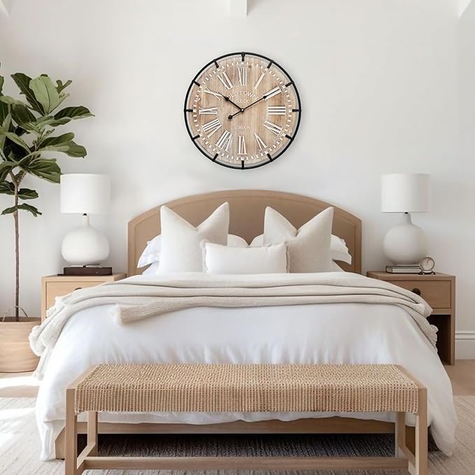 20 Inch Grand Farmhouse Wall Clock, Vintage-Inspired Wood & Metal Design with Large Etched Numbers, Silent Battery-Powered Timepiece for Offices, Kitchens, Bedrooms, and Living Rooms-Ruum Studio Home