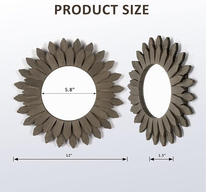 Honiway Farmhouse Wall Decor Mirror 12 inch Sunburst Boho Wood Mirror Rustic Home Decor Room Decoration for Bedroom Living Room Weathered Grey-Ruum Studio Home