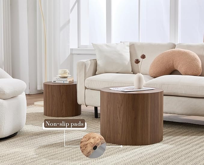 CIMOTA Round Wood Nesting Coffee Table Set of 2, Modern Circle Travertine End Side Table Sets for Living Room, Walnut Wooden Color/No Assembling-Ruum Studio Home