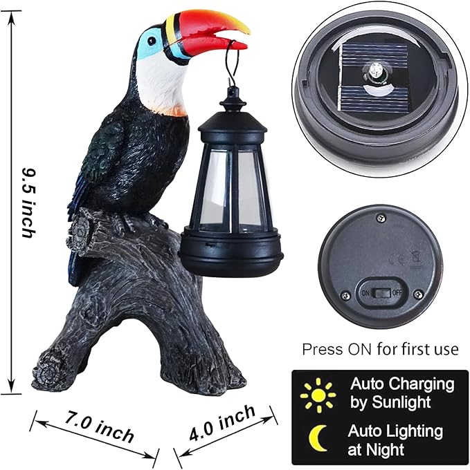 Toucan Garden Statues Decor, Solar Waterproof 9.5" Colorful Tropical Bird Sculpture with LED Lights Funny Garden Outdoor Exotic Bird Sculpture Decoration for Lawn Porch Yard Patio Tiki Bar-Ruum Studio Home