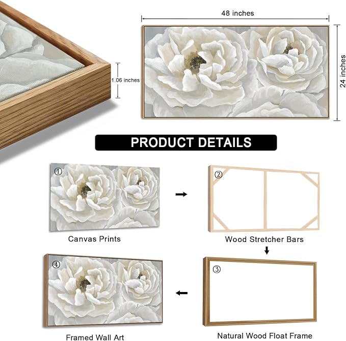 arteWOODS Cream White Flowers Framed Wall Art - Soft Peony Pictures for Wall Decor Elegant Blossom Flower Painting Artwork Botanical Prints for Living Room Home Office Wall Decoration 24" x 48"-Ruum Studio Home