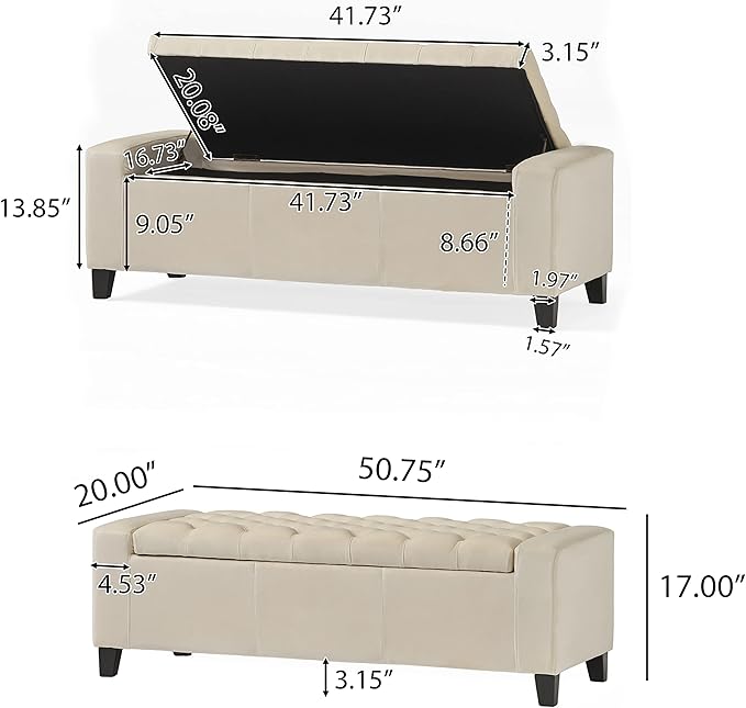 Christopher Knight Home Hikaru Velvet Storage Ottoman, Ivory 19.75”D x 50.00”W x 17.48”H-Ruum Studio Home