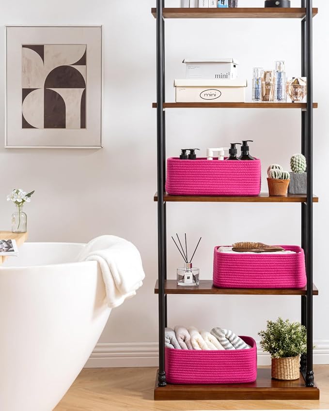 KALLAX Small Woven Basket, 13.5 x 9.5 x 5 Inches, Storage Basket for Organizing, Cute Small Rope Shelf Closet Cube Storage Bins Baskets for Shelves, Dog Toy Gift Baskets Empty, 3 Packs, Hot Pink-Ruum Studio Home