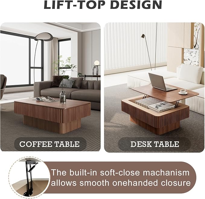 Lift Coffee Table with Storage & Adjustable Height, Solid Wood Coffee Table Fluted Center Table Accent Tea Table or Living Room, Apartment, Office (38.6" Walnut)-Ruum Studio Home