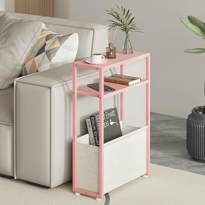 Narrow Side Table, Slim End Tables with Fabric Basket, Skinny Table for Small Spaces, Thin Bedside Table for Living Room, Bedroom (1, Jelly Pink + Cream White)-Ruum Studio Home