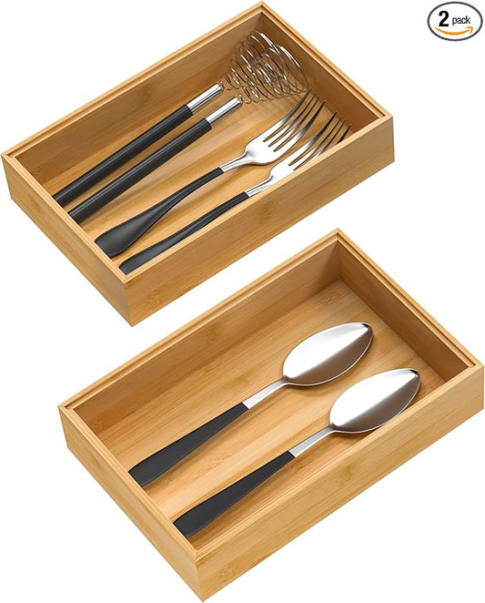 Silverware Tray for Drawer, Stackable Kitchen Bamboo Drawer Organizer 9" x 6" x 2" Set of 2-Ruum Studio Home