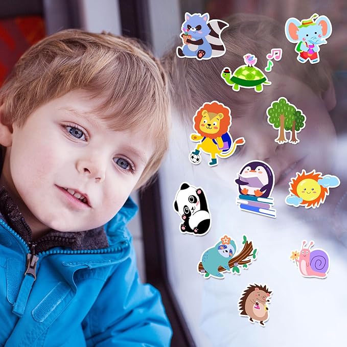 Brand, Cute Animals 21PCS Thick Gel Clings Stickers for Kids, Animal Decals, Airplane Birthday Party Supplies, Wide Application, Removable, Reusable, Cartoon Pattern, Indoor Usage-Ruum Studio Home