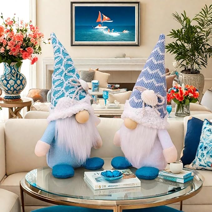 Summer Gnomes Decorations, Beach Gnomes Plush Decor for Home Ocean Day Gnome Tiered Tray Decor Handmade Tomte Swedish Nisse Scandinavian Elf Dwarf,Birthday Gnome Gifts, Blue-Ruum Studio Home