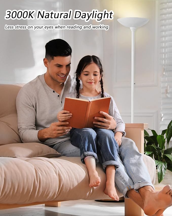 BoostArea Torchiere Floor Lamp, 30W Super Bright LED Standing Lamp, 3000K Stepless Dimmable Pole Lamp with Rotary Switch, 70 Inch Tall Metal Modern White Floor lamp for Living Room/Bedroom/Office/Den-Ruum Studio Home
